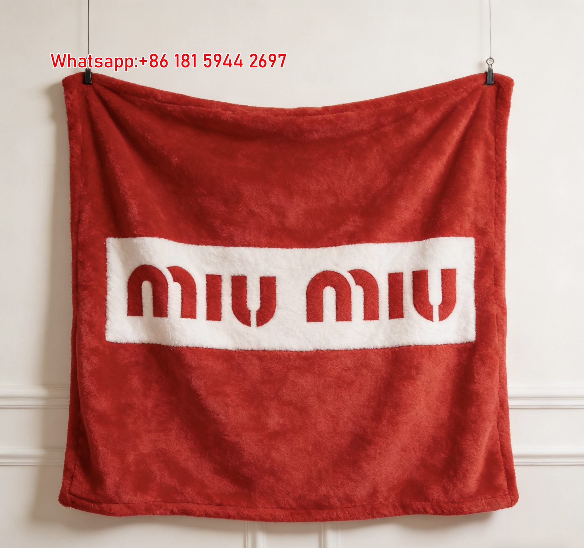 Miu Miu Bold Red Logo White Flannel Throw Blanket Miu Miu Brand Printed Sofa Blanket IMG_0347